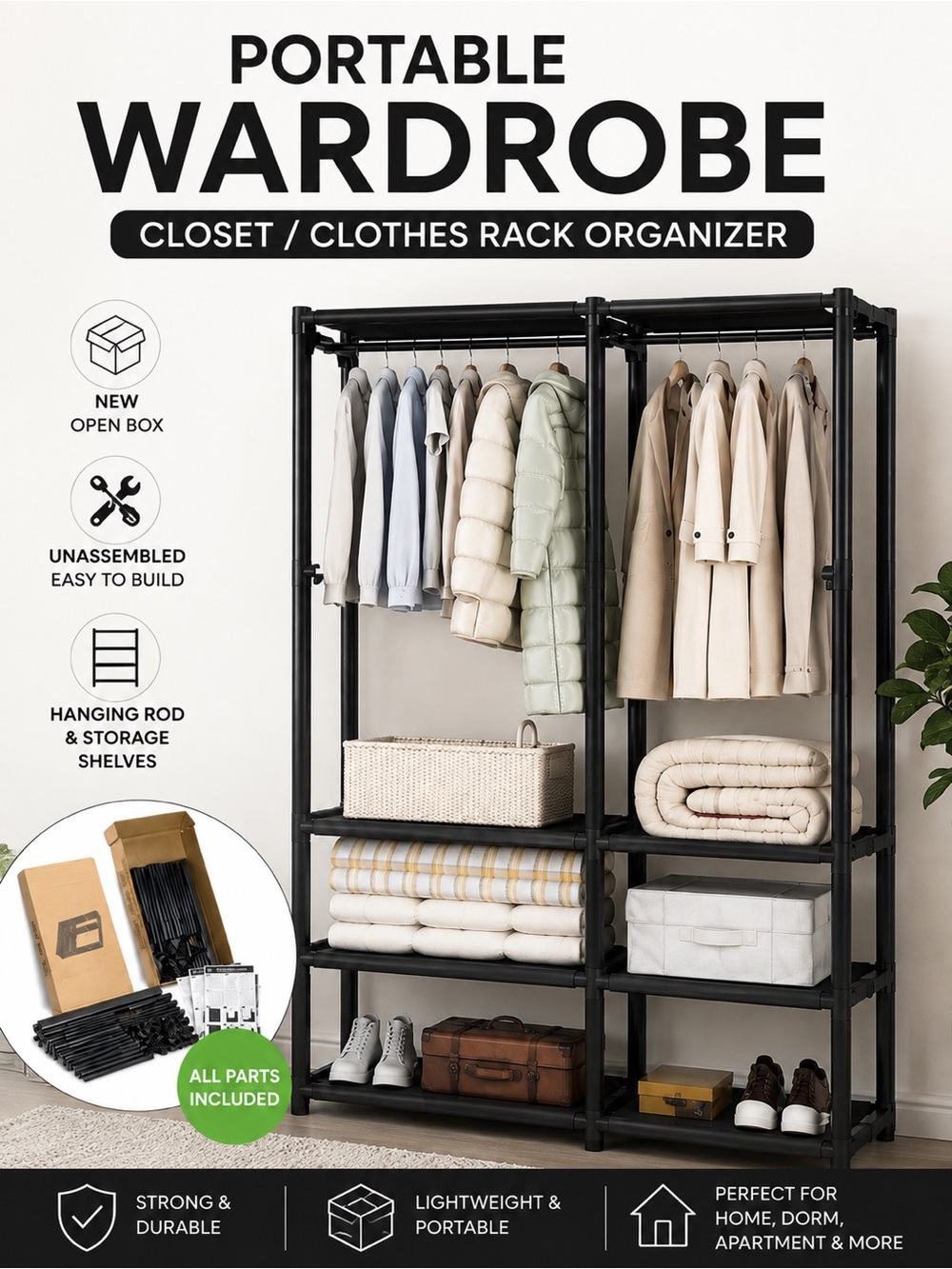 Portable Closet Wardrobe Clothes Rack Organizer Shelving Storage Black NEW